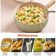 Rioware 20cm (3.1L) Granite Coating Sauce Pan | Nonstick Pan with Glass Lid & Wooden Handle – Compact & Durable | Cooking Pan for Soup, Noodles, Tea, Pasta & Steamed Vegetables (White)